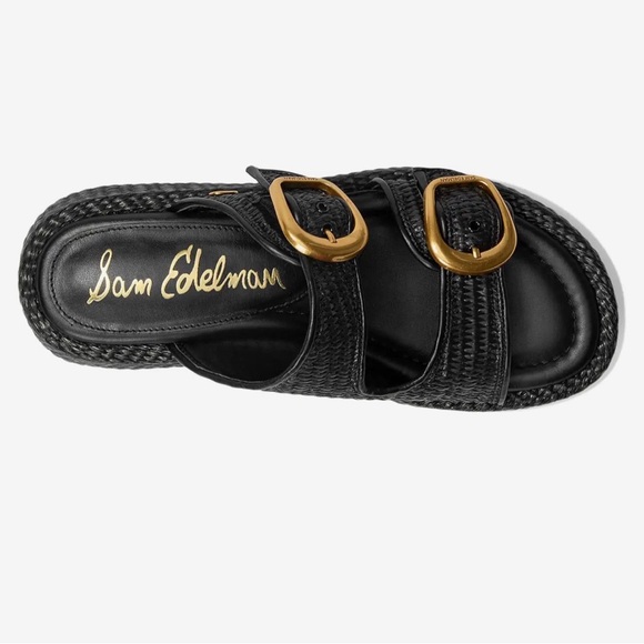 NWT Sam Edelman Black Nerissa Woven Platform Slide with Gold Buckles - Picture 3 of 9